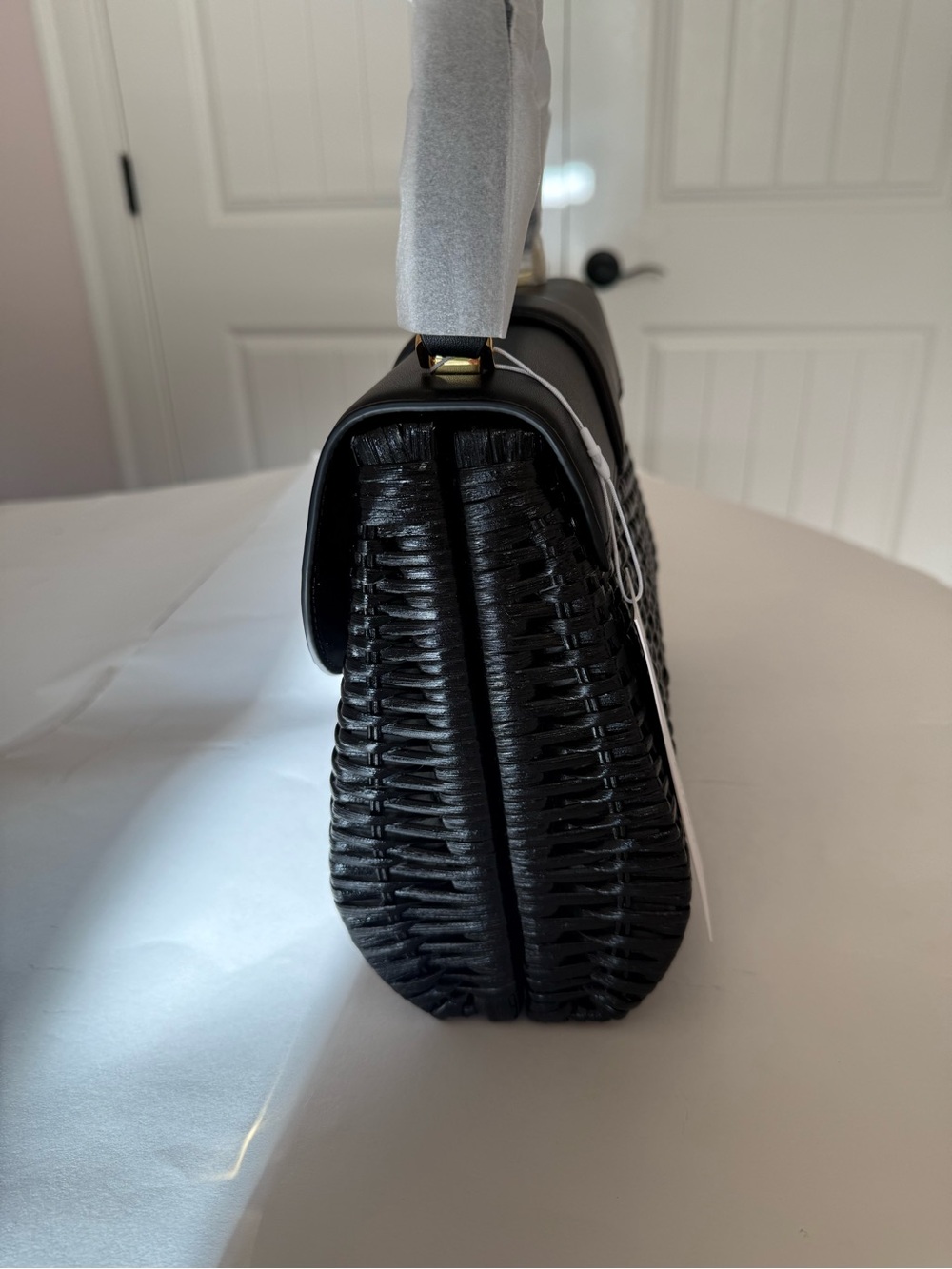 Veronica Beard Black Woven Top-Handle Basket Bag with Gold Crest Hardware - Picture 9 of 15